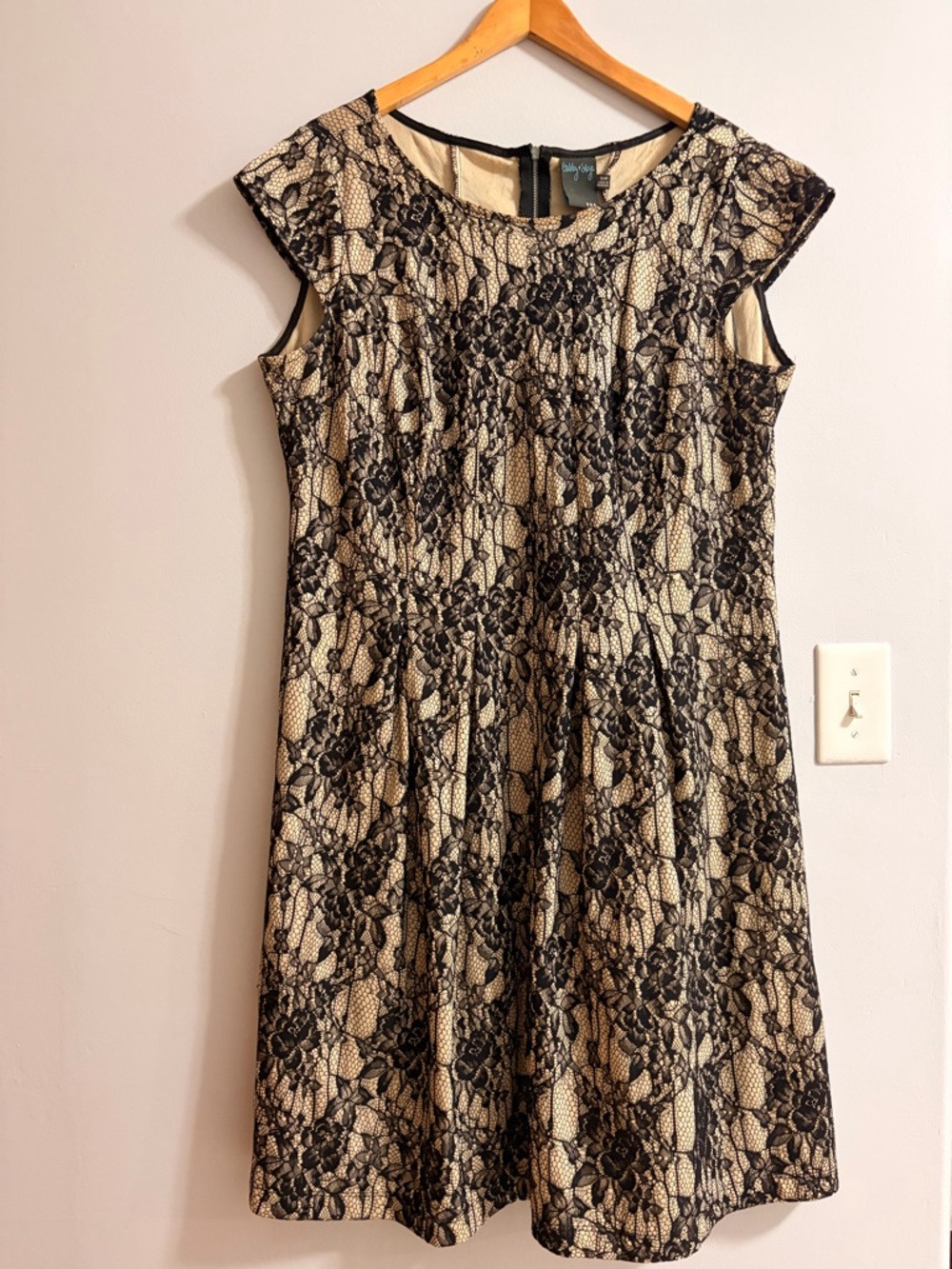 Gabby Skye Black Lace Overlay on Cream Midi Dress